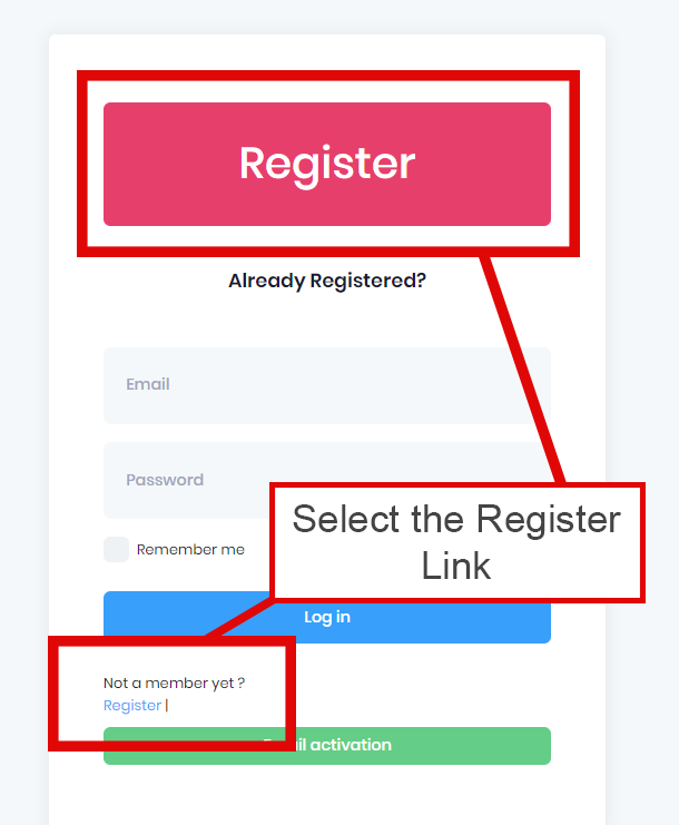 Login screen of surscan website, prompt reading "Select the Register Link" pointing to two different Register buttons