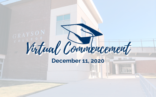 Decorative image, virtual commencement text over Grayson College academic building